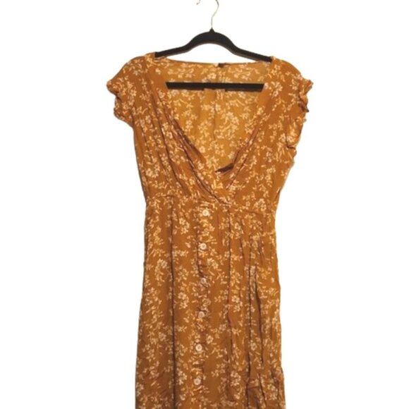 Kori Dresses & Skirts - Spring dress mustard yellow frilly sleeves midi Faux wrap dress Small
